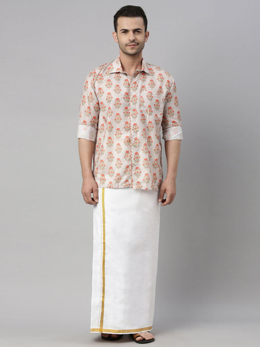 vastramay mens beige color floral print shirt and mundu set