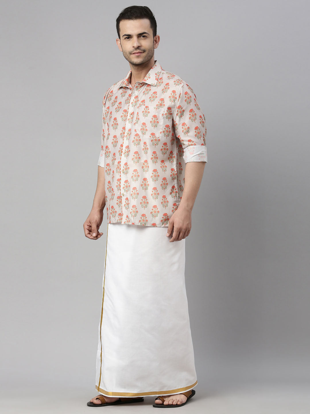 vastramay mens beige color floral print shirt and mundu set