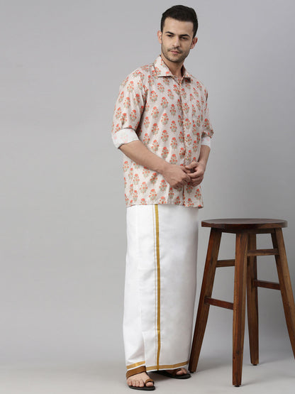 vastramay mens beige color floral print shirt and mundu set