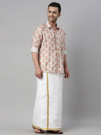 vastramay mens beige color floral print shirt and mundu set