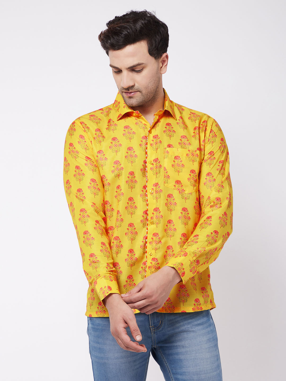 Vastramay Men's Multicolor-Base-Orange Ethnic Shirt