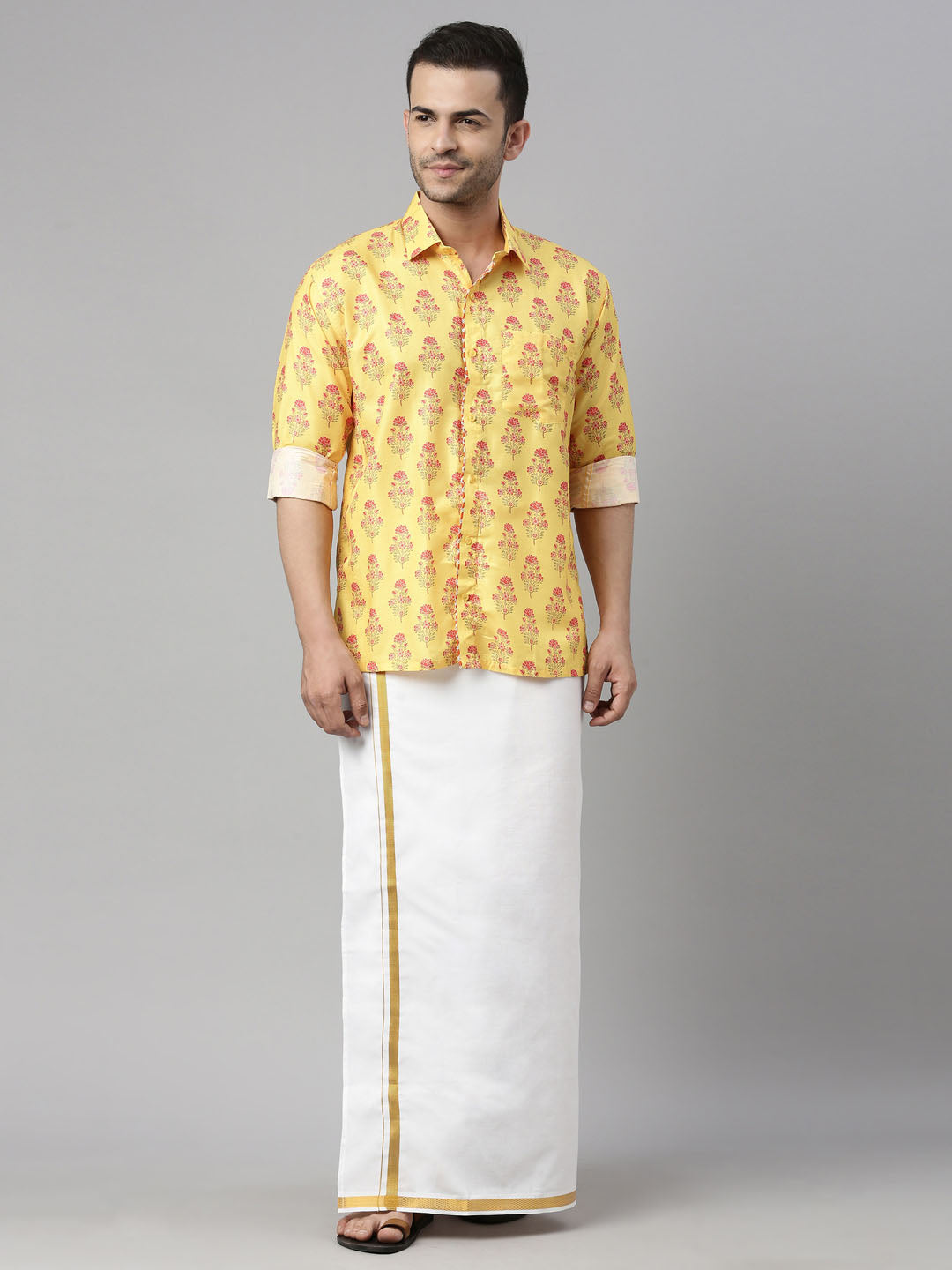 vastramay mens orange color floral print shirt and mundu set