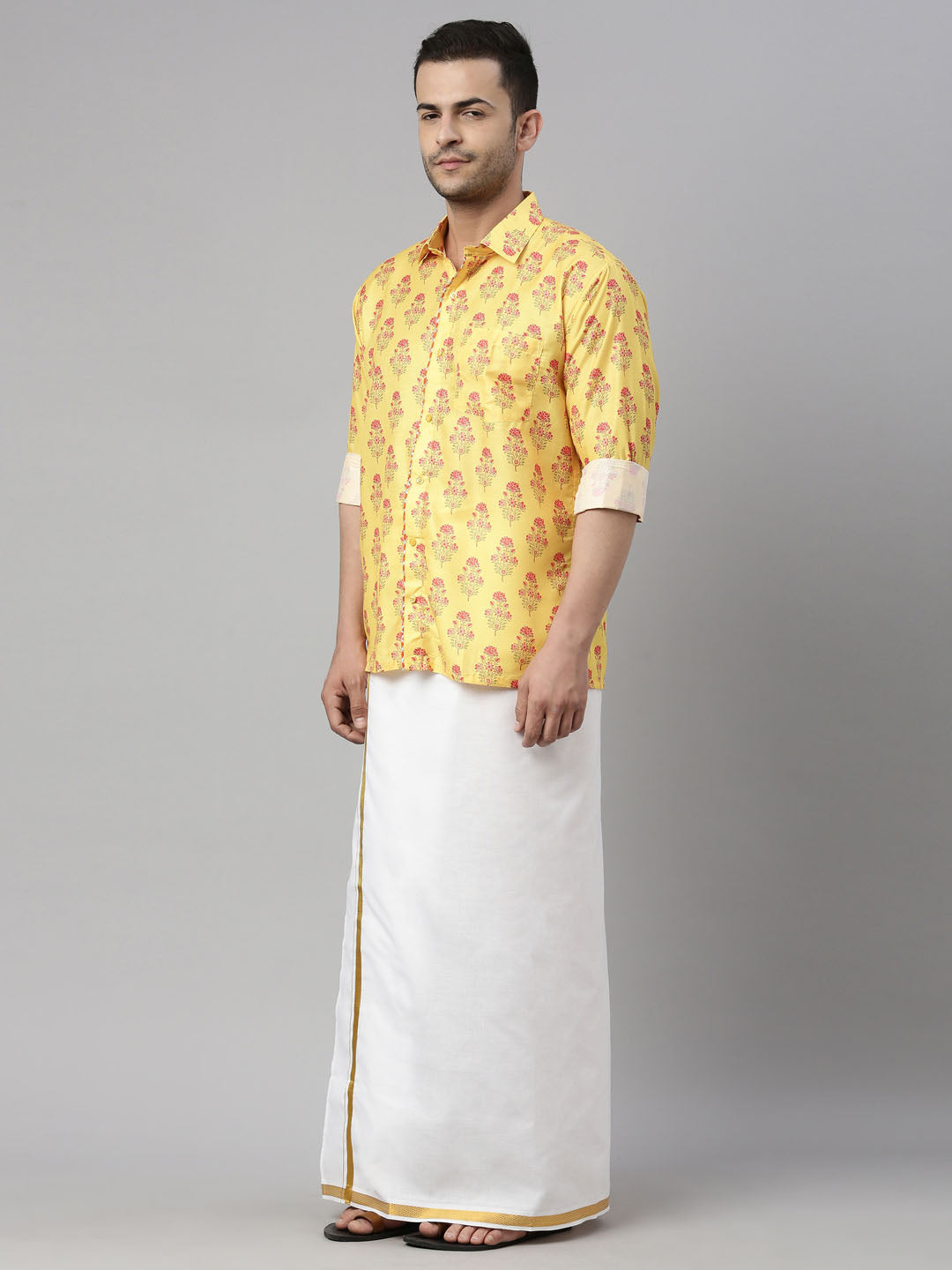 vastramay mens orange color floral print shirt and mundu set