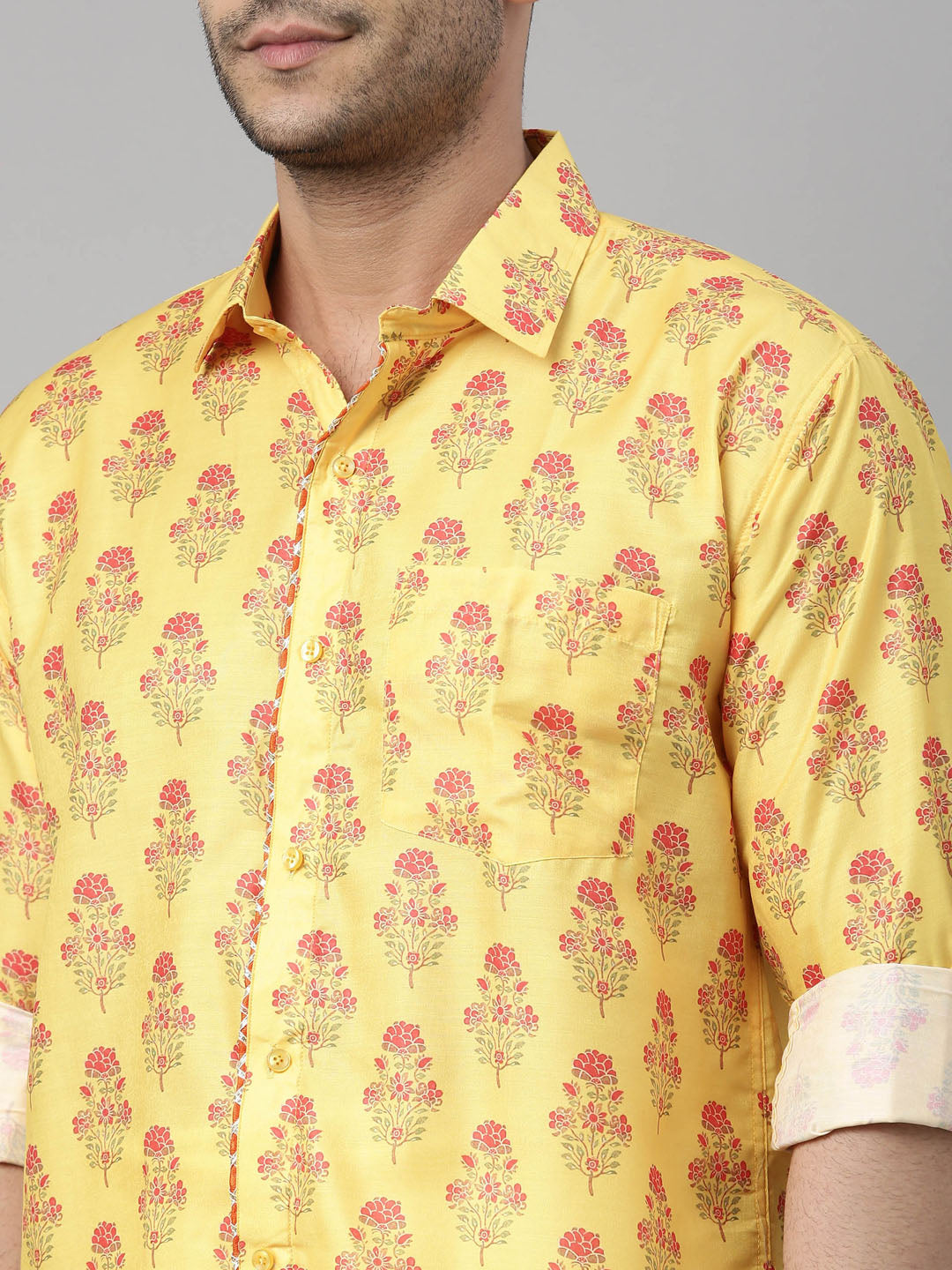 vastramay mens orange color floral print shirt and mundu set