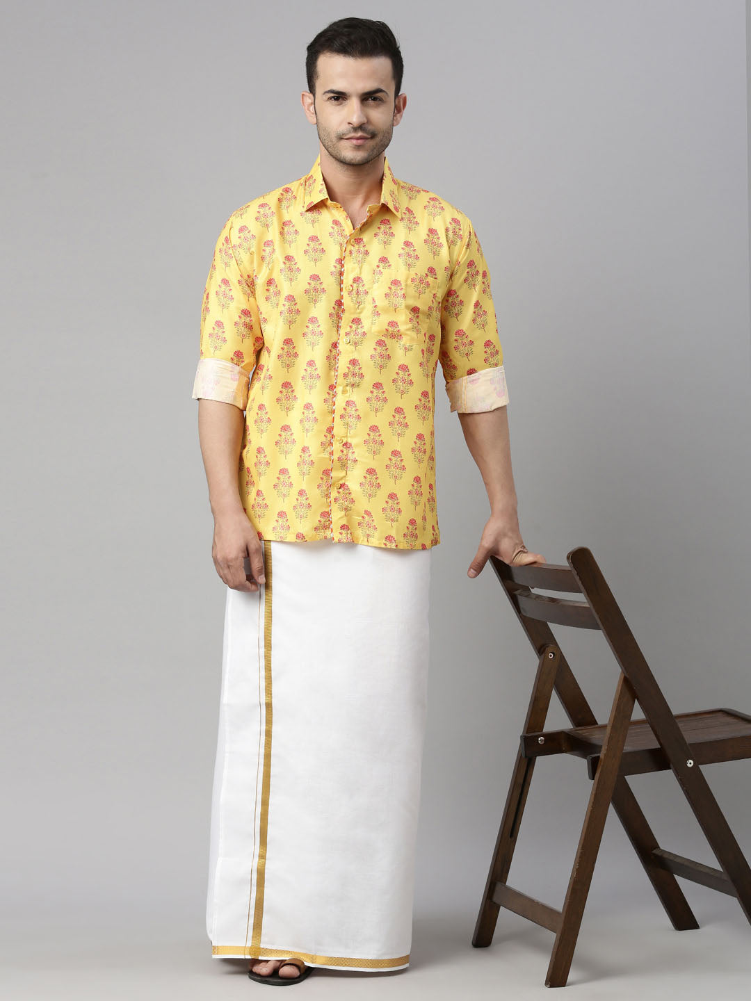 vastramay mens orange color floral print shirt and mundu set