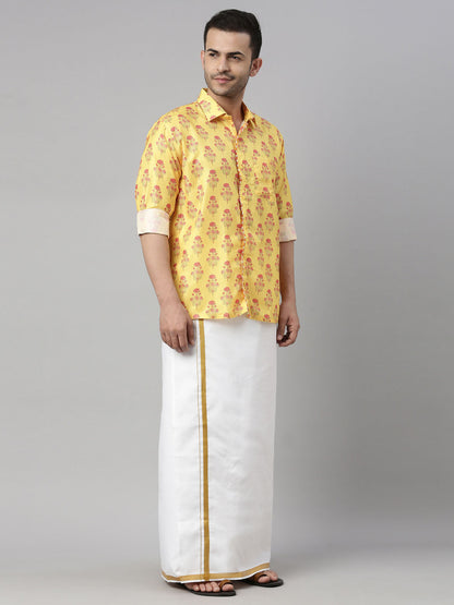 vastramay mens orange color floral print shirt and mundu set