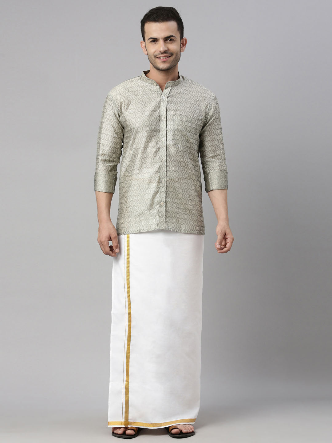 vastramay mens beige color shirt and mundu set