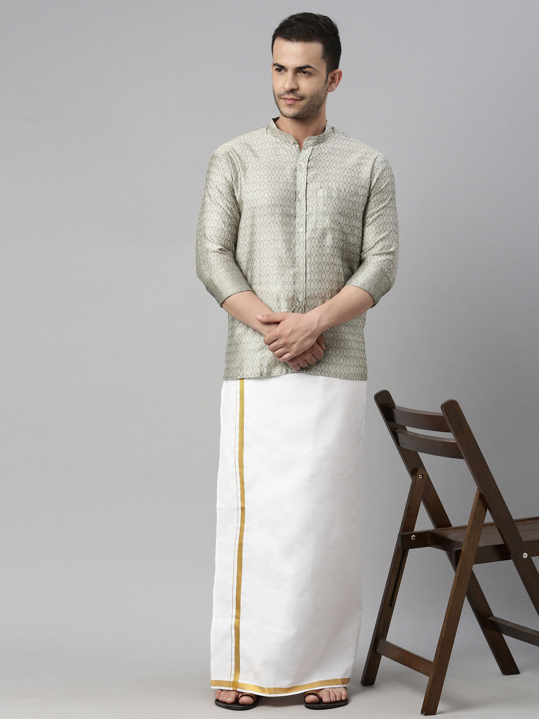 vastramay mens beige color shirt and mundu set