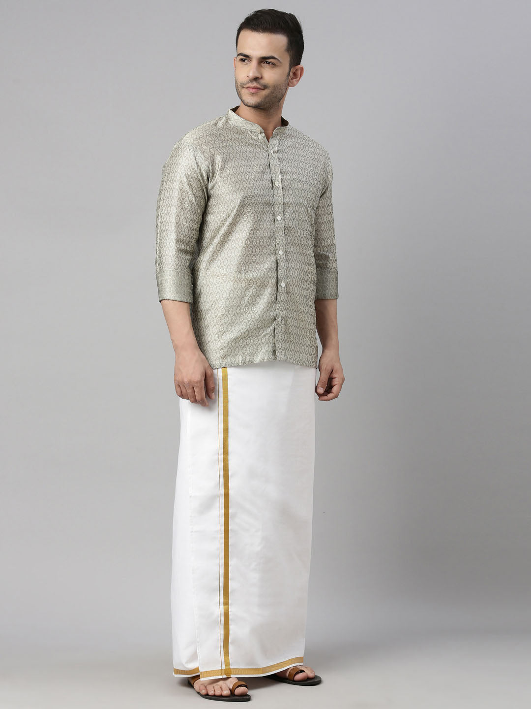 vastramay mens beige color shirt and mundu set