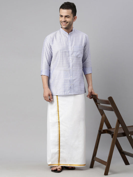 vastramay mens lavender color shirt and mundu set