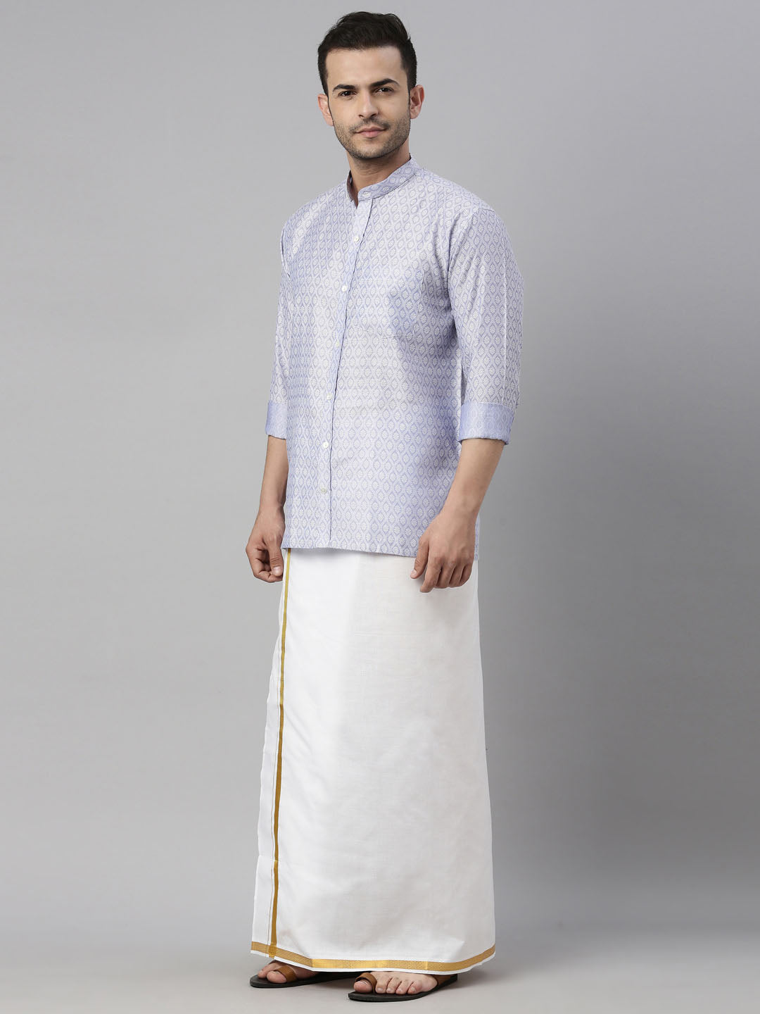 vastramay mens lavender color shirt and mundu set