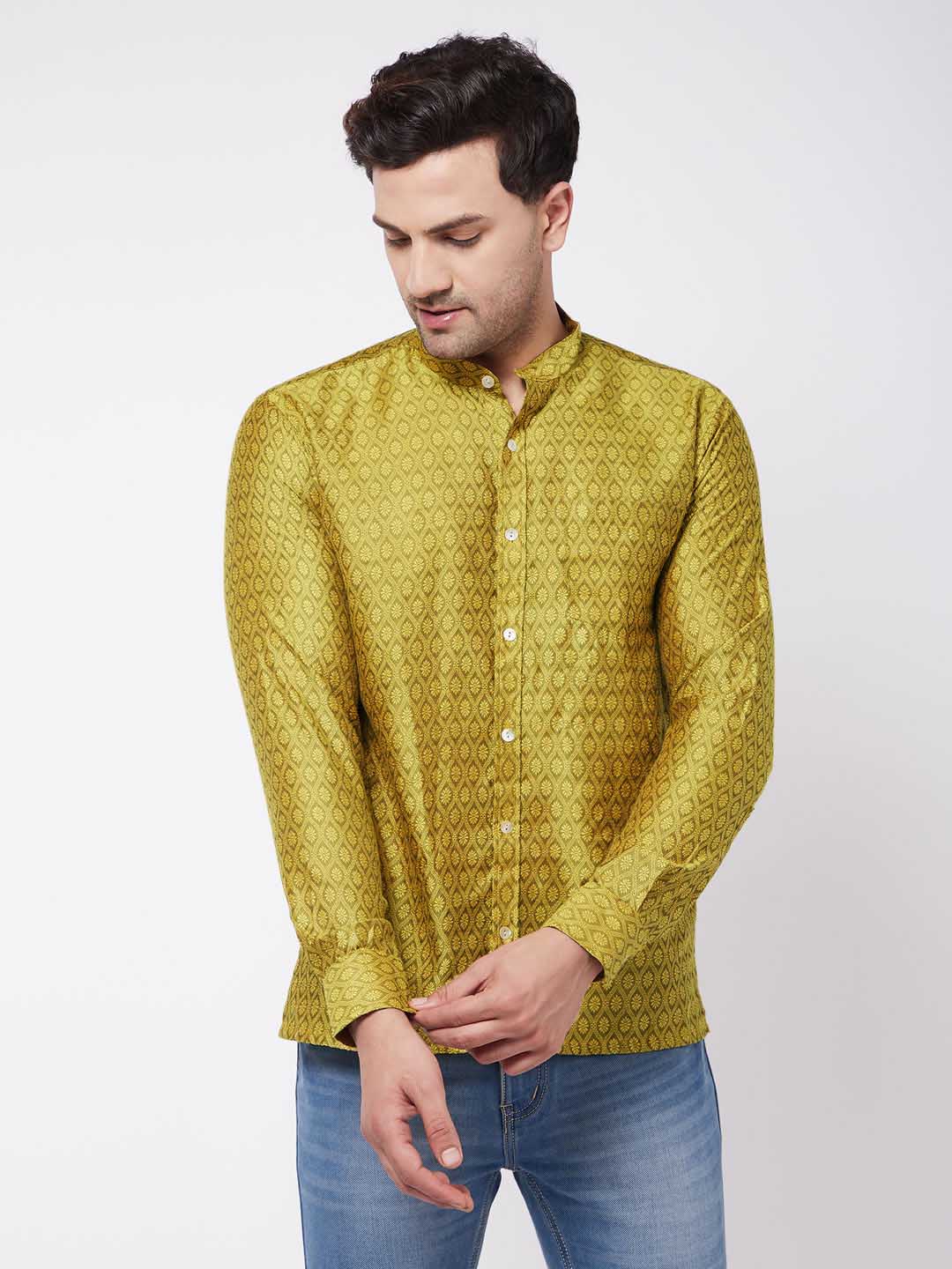 Vastramay Men's Yellow Silk Blend Ethnic Shirt