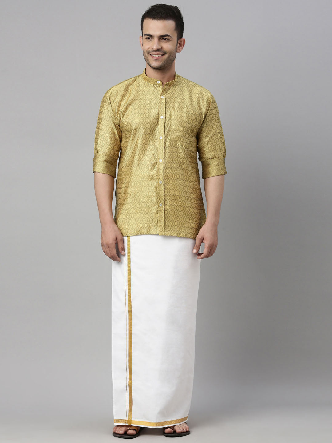 vastramay mens yelloe color shirt and mundu set