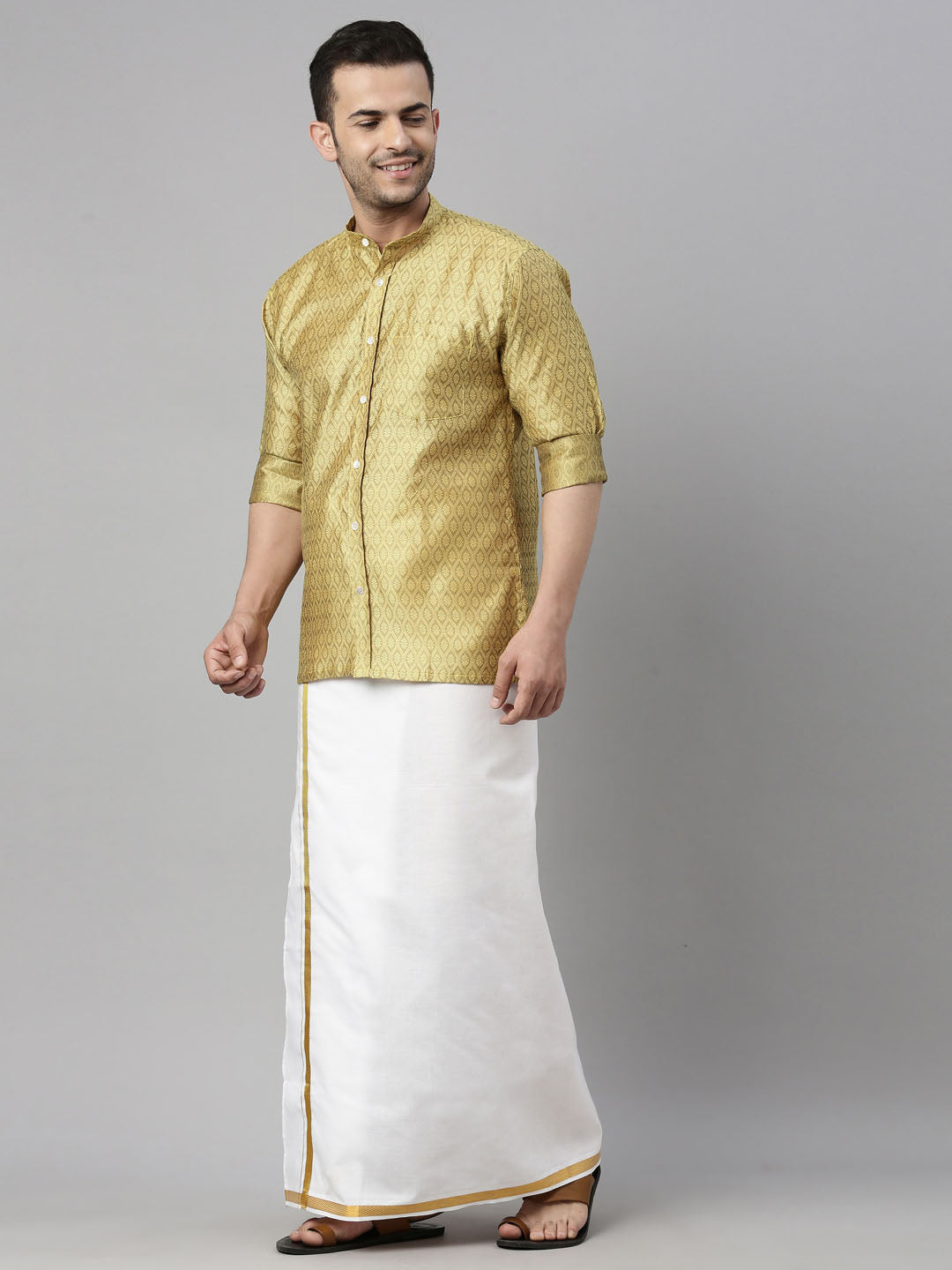 vastramay mens yelloe color shirt and mundu set