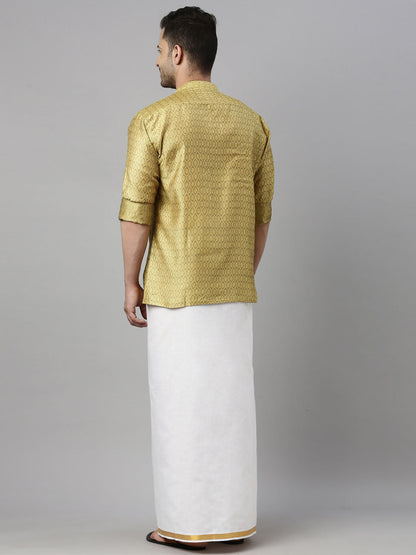 vastramay mens yelloe color shirt and mundu set