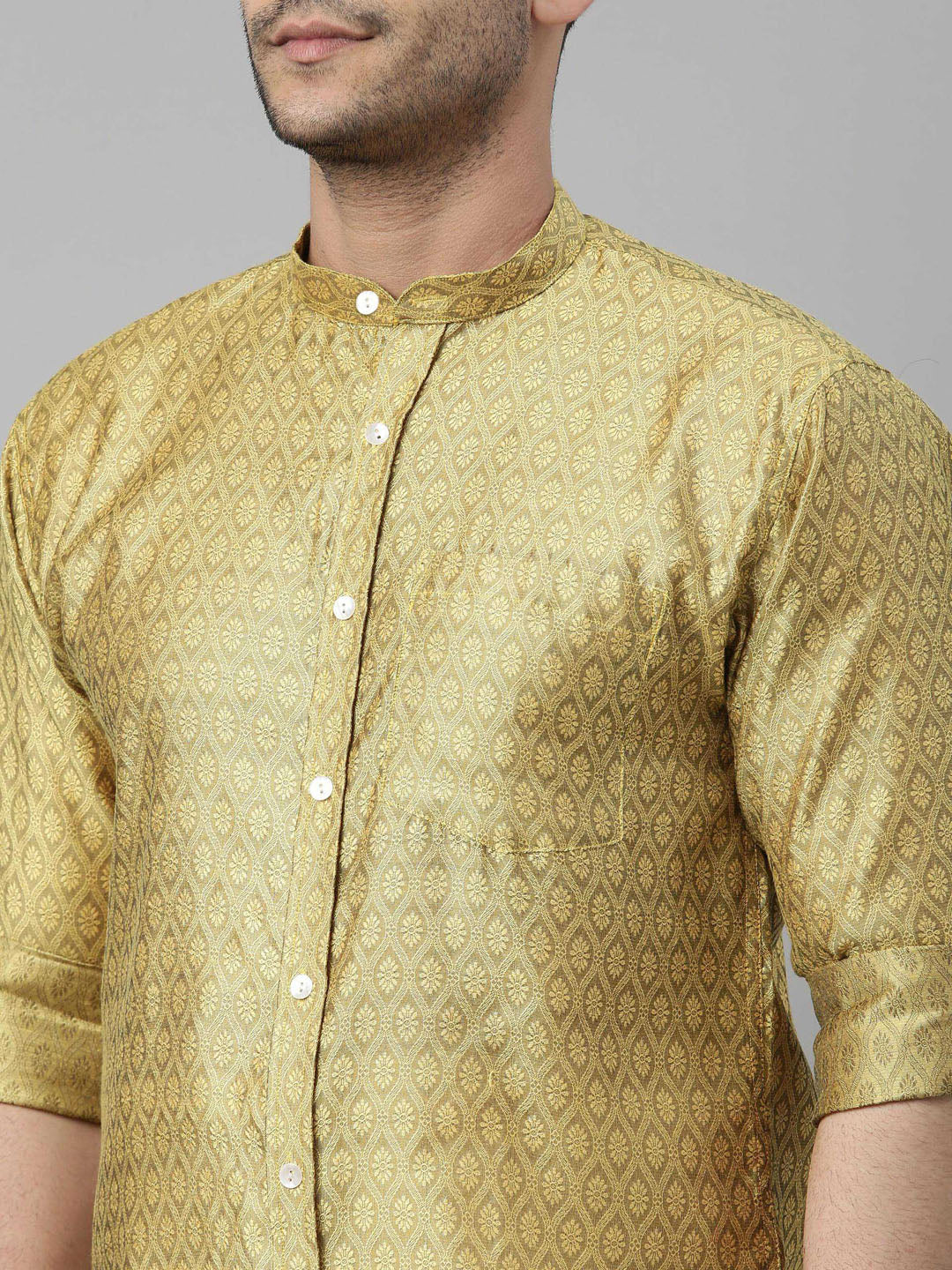 vastramay mens yelloe color shirt and mundu set