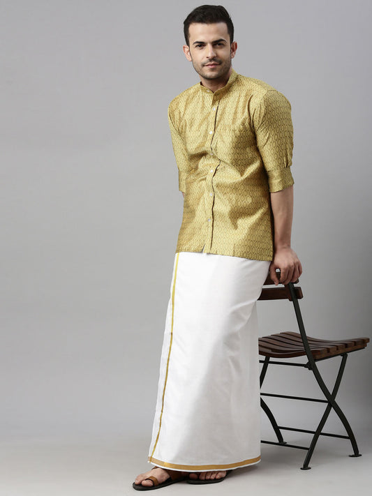 vastramay mens yelloe color shirt and mundu set