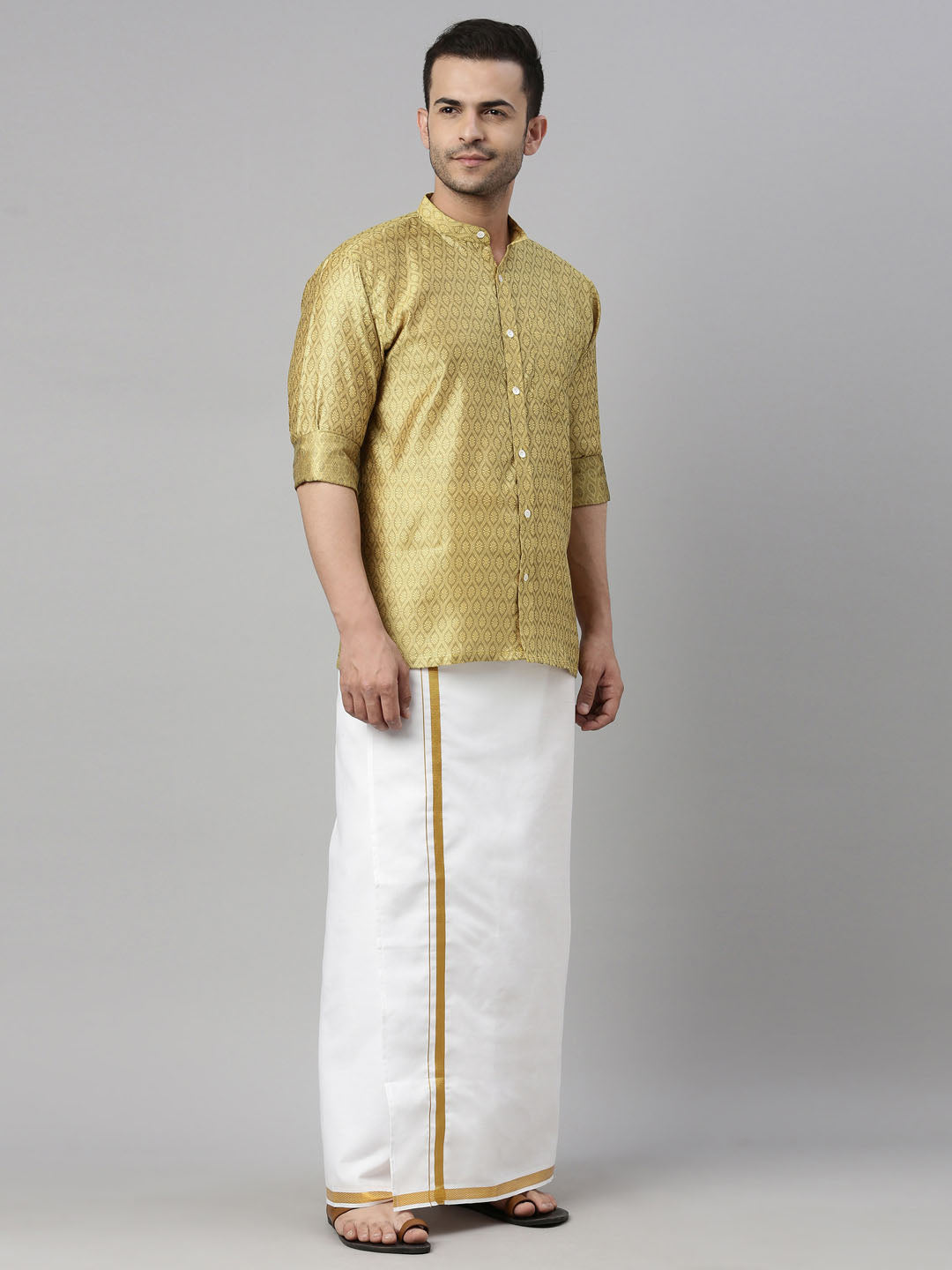 vastramay mens yelloe color shirt and mundu set