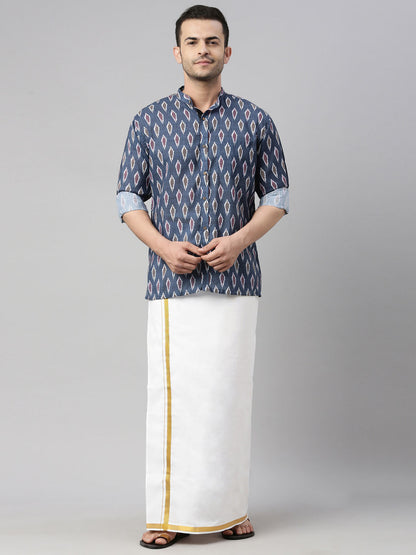 vastramay mens gray color ikkat print shirt and mundu set