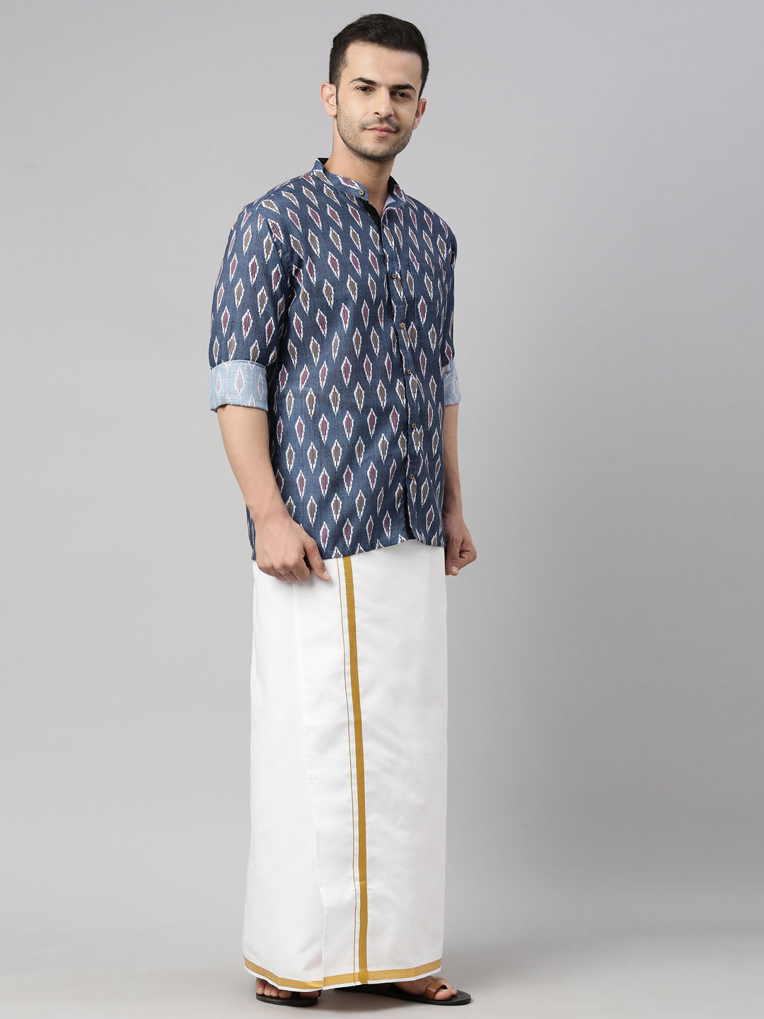 vastramay mens gray color ikkat print shirt and mundu set