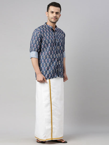 vastramay mens gray color ikkat print shirt and mundu set