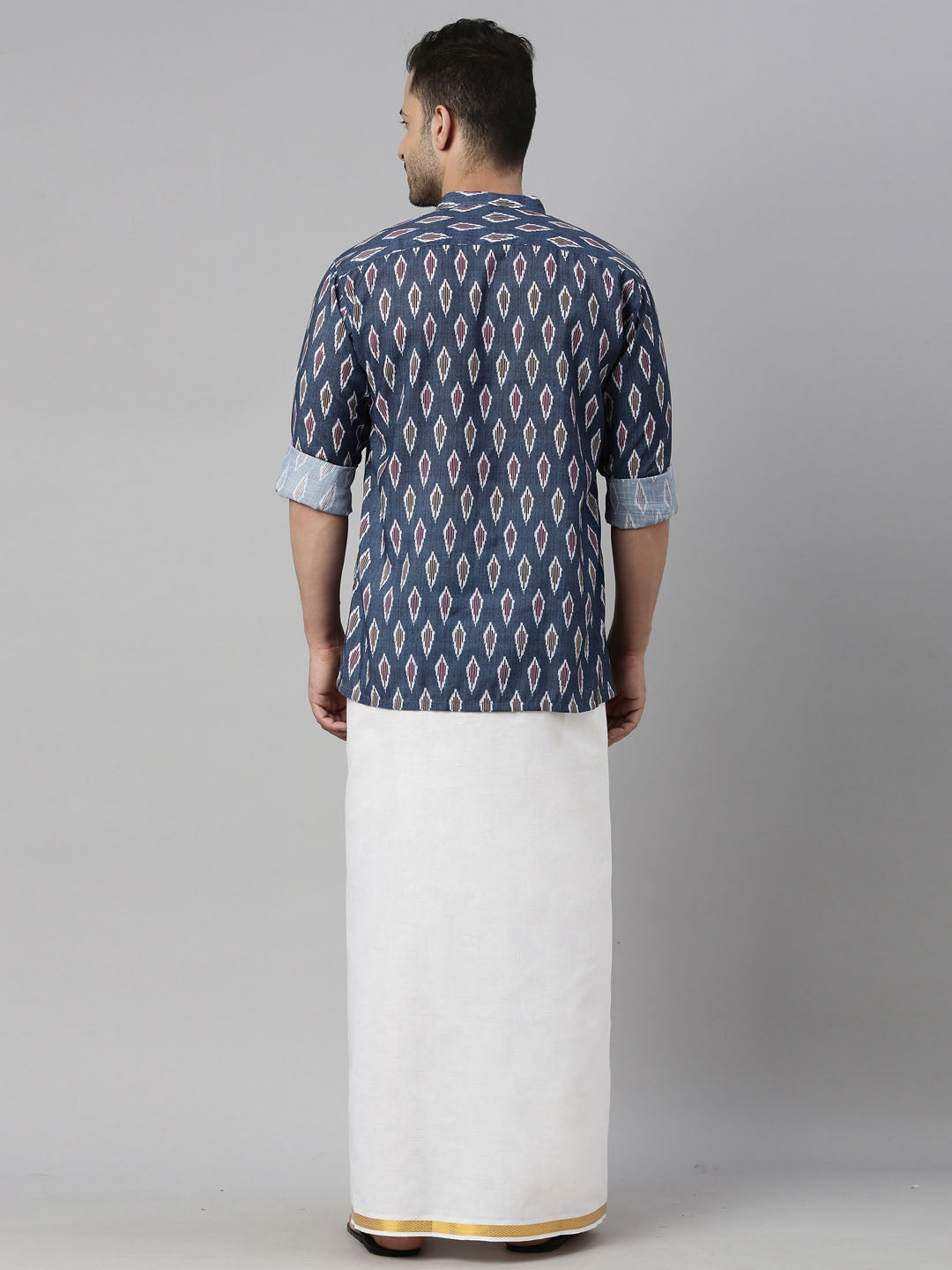 vastramay mens gray color ikkat print shirt and mundu set