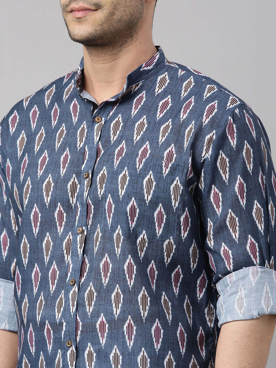 vastramay mens gray color ikkat print shirt and mundu set