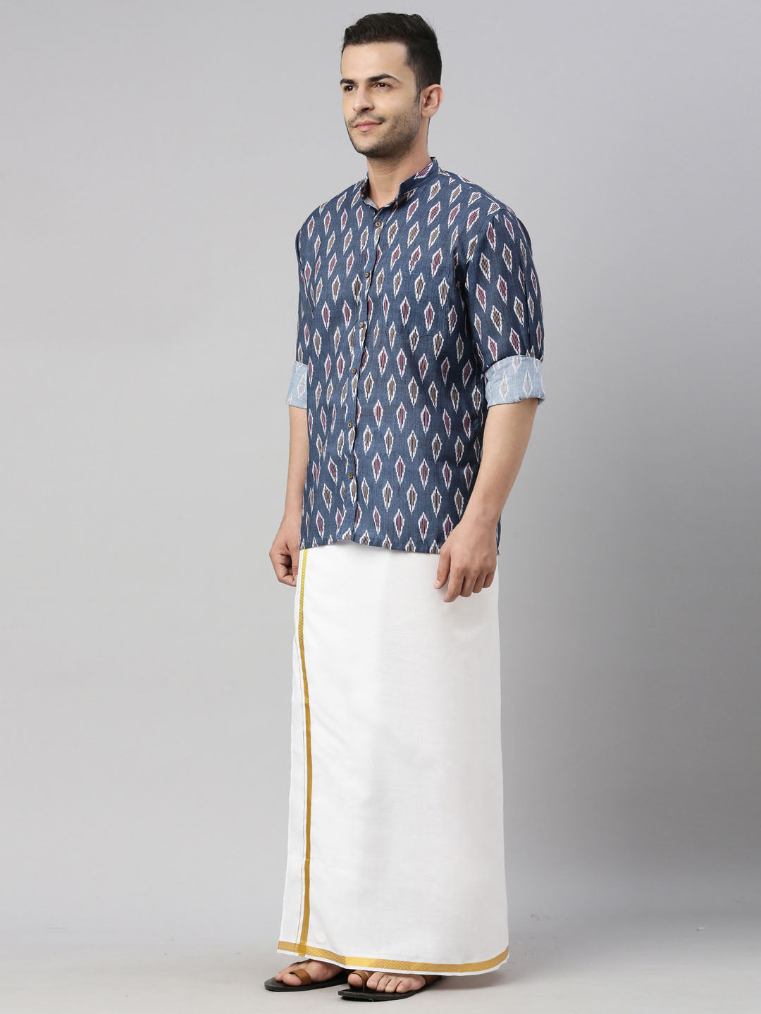 vastramay mens gray color ikkat print shirt and mundu set