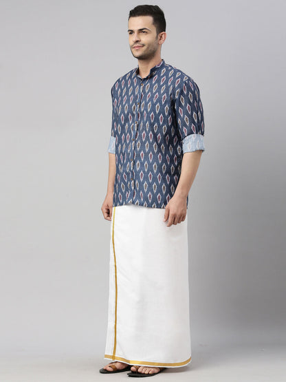 vastramay mens gray color ikkat print shirt and mundu set