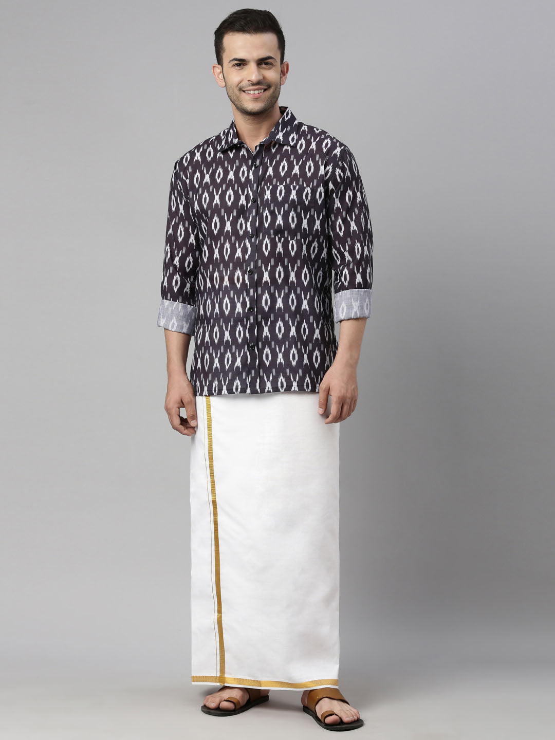 vastramay mens black color ikkat print shirt and mundu set