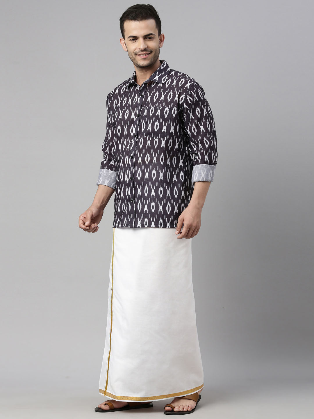 vastramay mens black color ikkat print shirt and mundu set