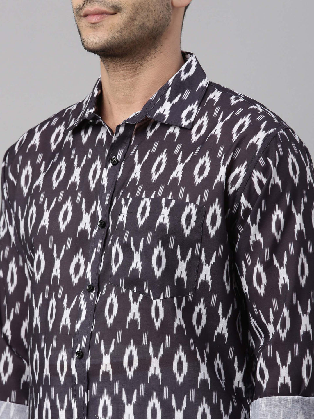 vastramay mens black color ikkat print shirt and mundu set