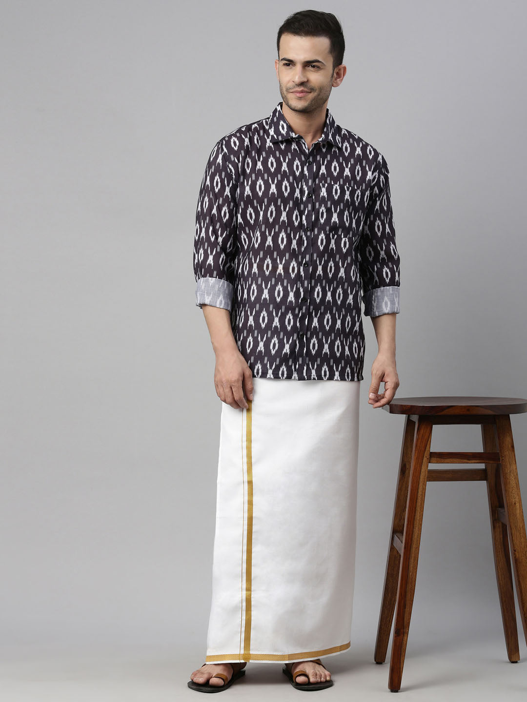 vastramay mens black color ikkat print shirt and mundu set