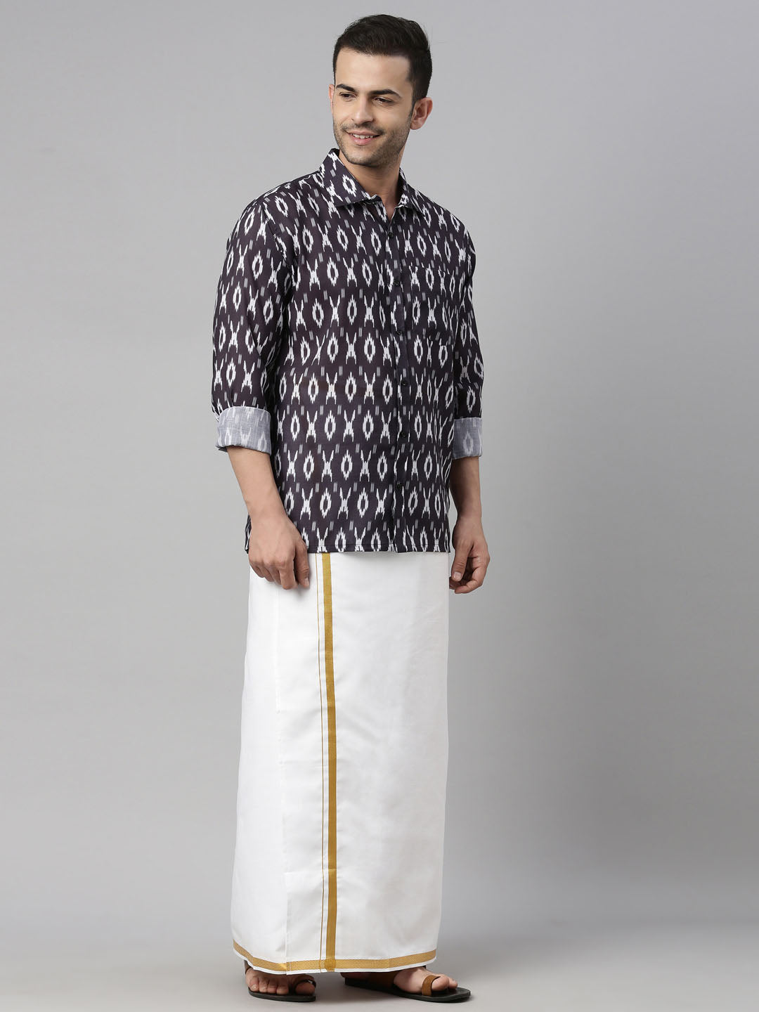 vastramay mens black color ikkat print shirt and mundu set