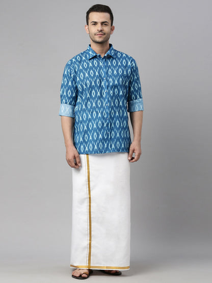 vastramay mens torquoise blue ikkat print shirt and mundu set