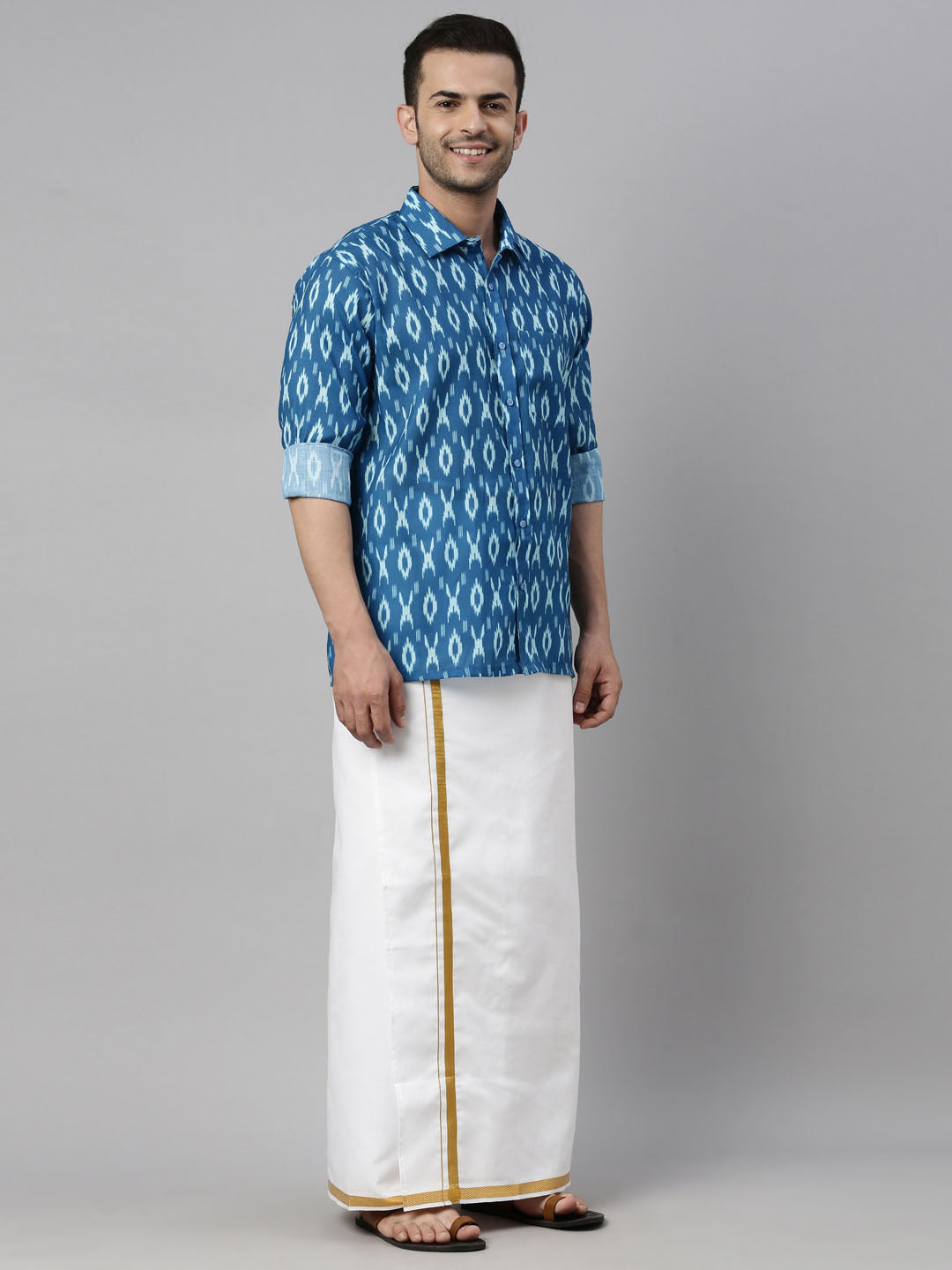 vastramay mens torquoise blue ikkat print shirt and mundu set