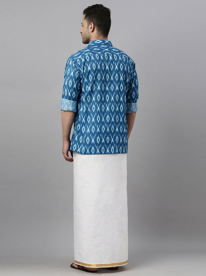 vastramay mens torquoise blue ikkat print shirt and mundu set