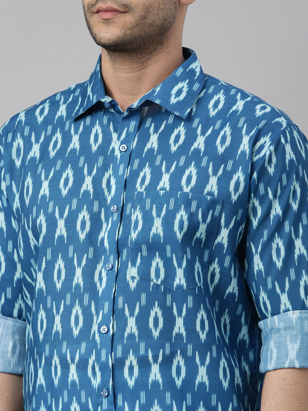 vastramay mens torquoise blue ikkat print shirt and mundu set