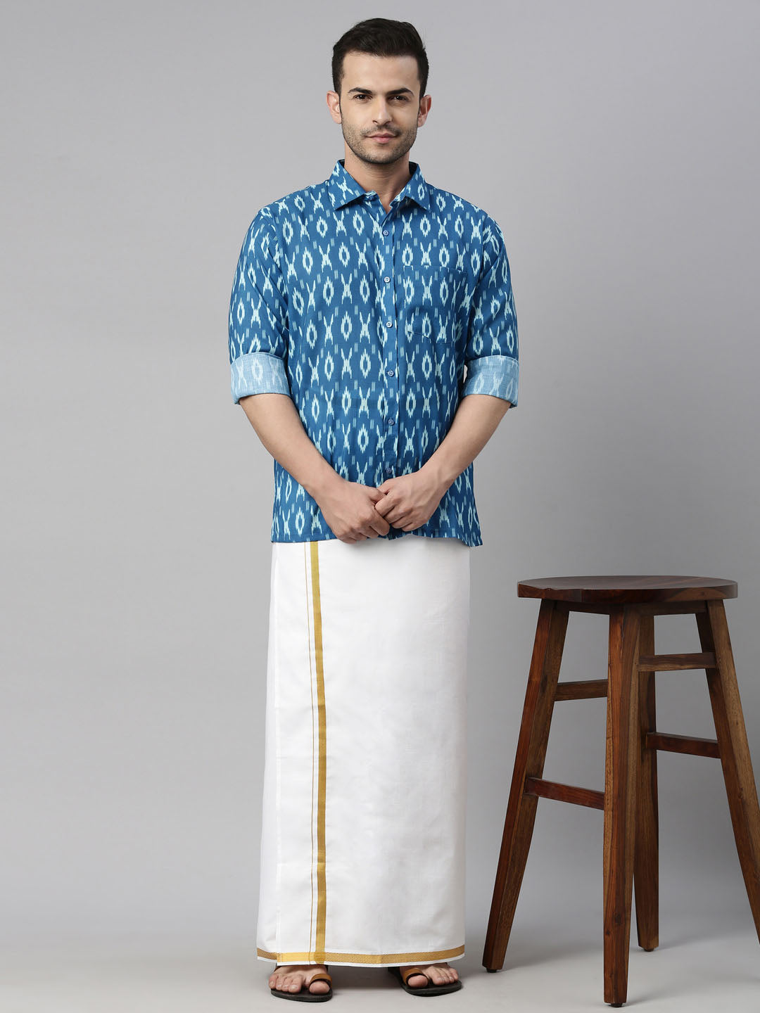 vastramay mens torquoise blue ikkat print shirt and mundu set