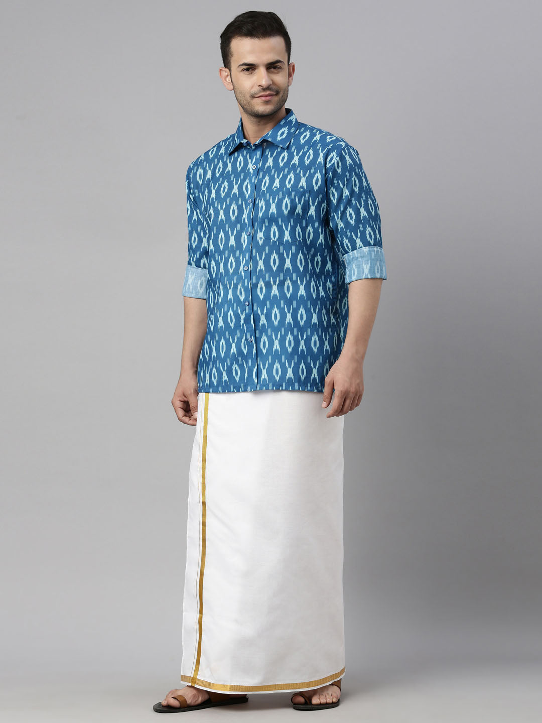 vastramay mens torquoise blue ikkat print shirt and mundu set