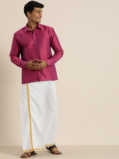 Vastramay Men's Purple Silk Blend Shirt And Mundu Set