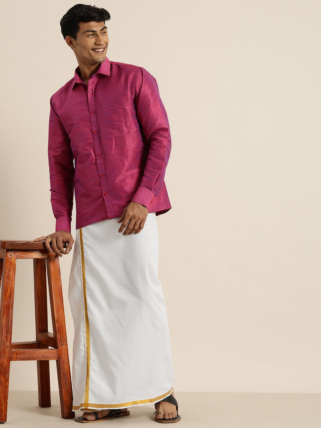 Vastramay Men's Purple Silk Blend Shirt And Mundu Set