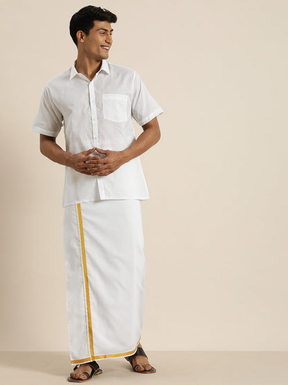 Vastramay Men's White Cotton Shirt With Mundu Set