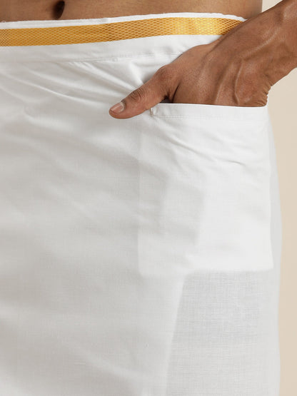 Vastramay Men's White Cotton Shirt With Mundu Set