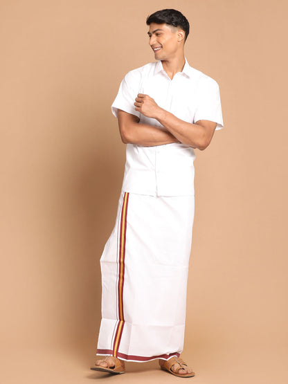 Vastramay Men's White Pure Cotton Shirt And Mundu Set