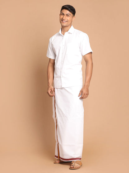 Vastramay Men's White Pure Cotton Shirt And Mundu Set