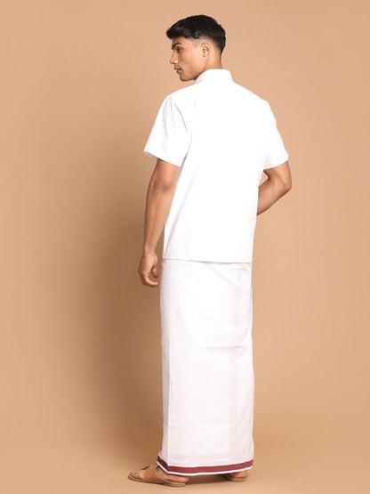 Vastramay Men's White Pure Cotton Shirt And Mundu Set