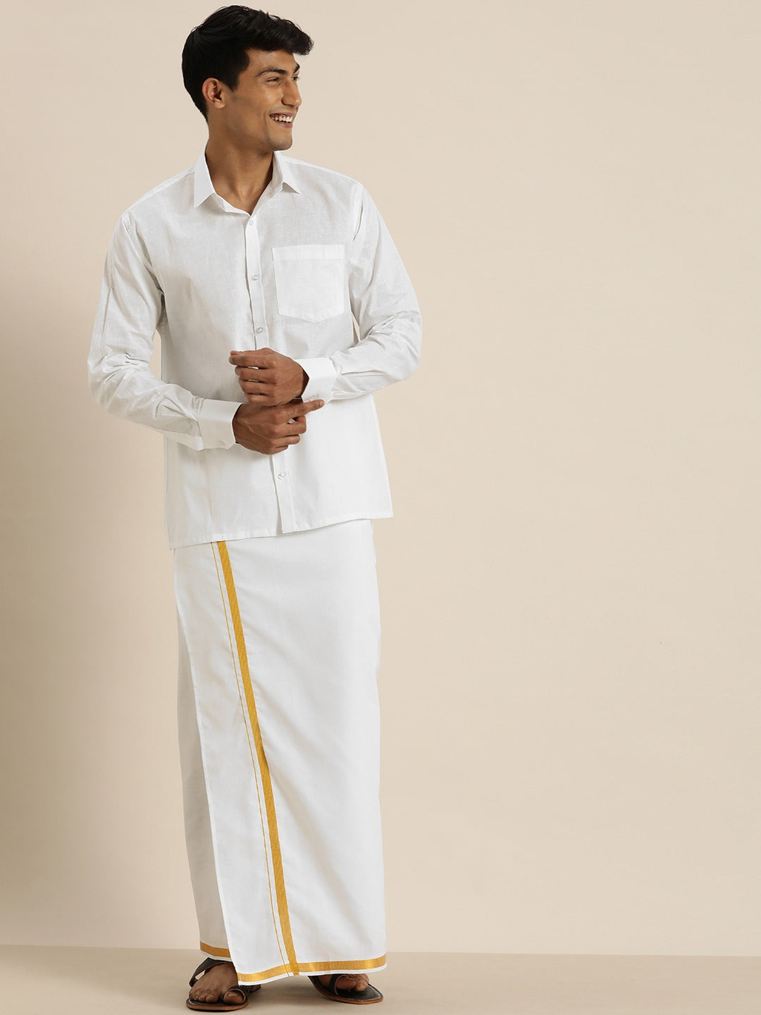 Vastramay Men's White Cotton Shirt And Mundu Set