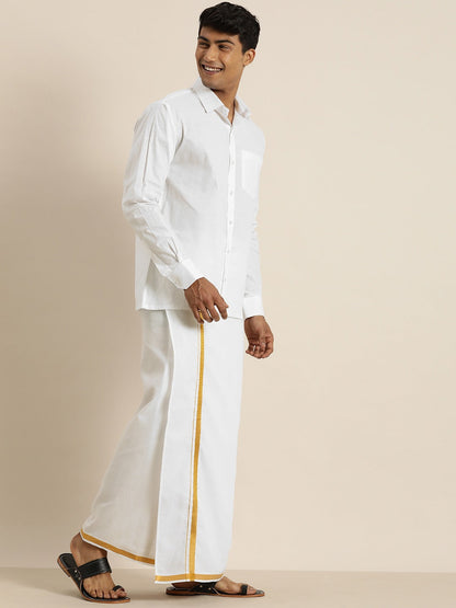 Vastramay Men's White Cotton Shirt And Mundu Set