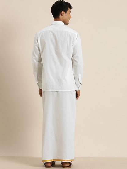 Vastramay Men's White Cotton Shirt And Mundu Set